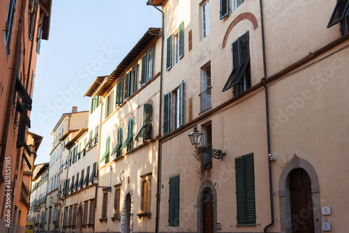 Exterior of typical Italian buildings in Lucca  Tuscany  Italy.