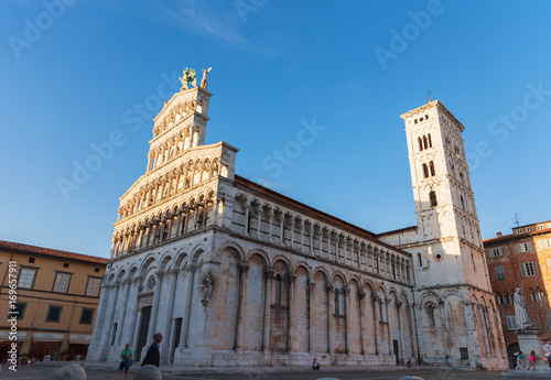 13th century Romanesque facade of the San Michele in Foro (Saint Michael church) is a Roman Catholic basilica church in Lucca, Tuscany, Italy