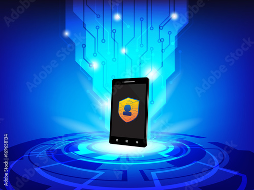 Cyber security concept vector illustration. Smart phone with shield for privacy protection on blue technology background.