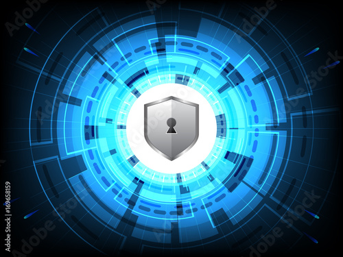 Cyber security concept vector illustration. Silver shield for privacy protection on blue circle technology background.