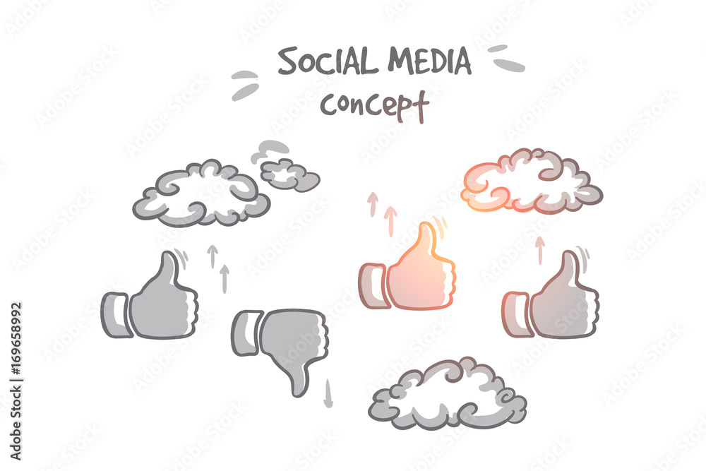 Social media concept. Hand drawn symbols of likes and dislike. Communication through internet isolated vector illustration. Social media concept. Hand drawn symbols of likes and dislike. Communication through internet isolated vector illustration.