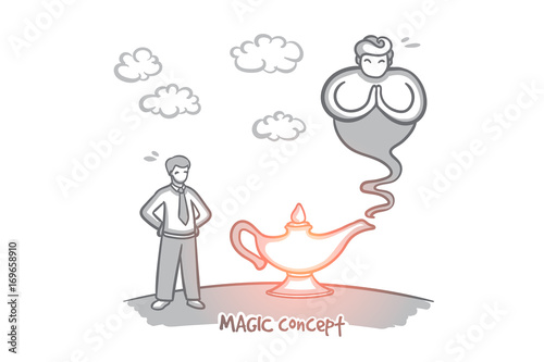 Magic concept. Hand drawn lamp of wishes. Genie coming out of the bottle isolated vector illustration.