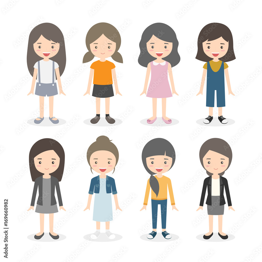 pretty women cartoon characters set in different clothes. girls vector. flat