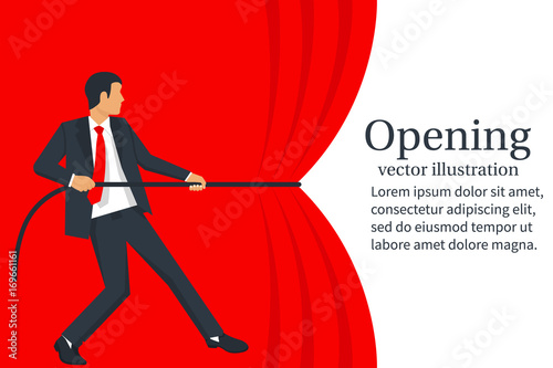 Businessman hands pull rope red cloth. Grand opening concept. Vector illustration flat design. Isolated on white background. Ceremony, celebration, presentation and event.