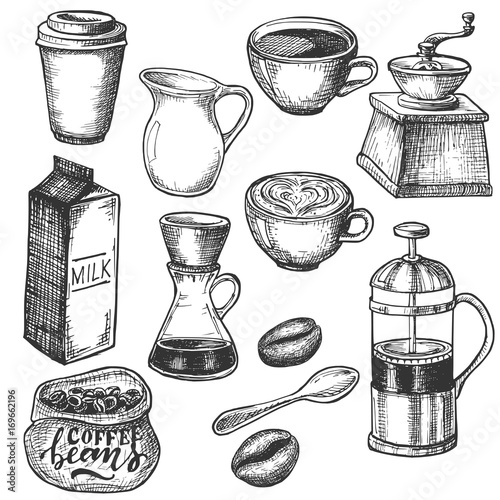 Coffee hand drawn doodles, vintage etching texture, sketch vector illustration.