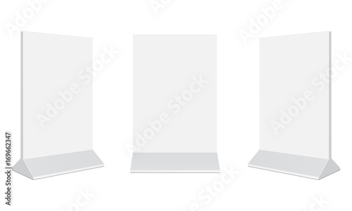 Set of outdoor advertising stand banners. Blank vertical poster isolated on white background. Display your design on this mockups in different positions. Vector illustration 