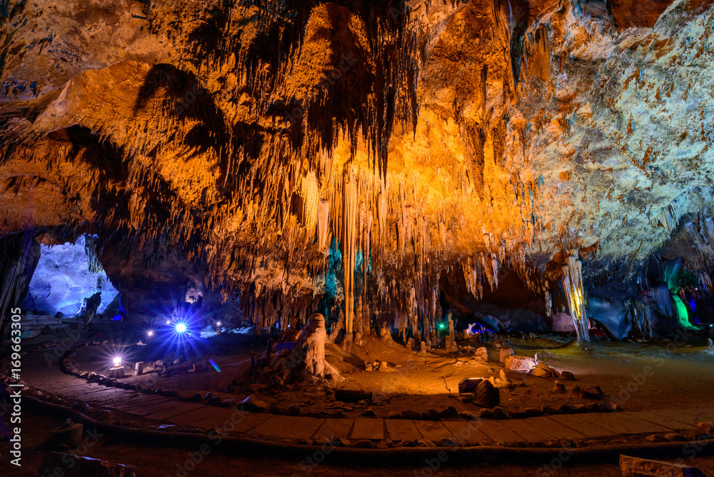 Stalactite stalactites with color lighting in cave