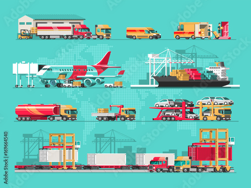 Delivery service concept. Container cargo ship loading, truck loader, warehouse, plane, train. Flat style vector illustration.