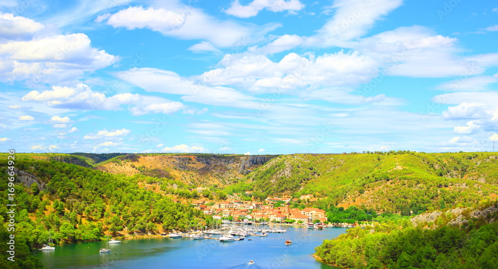 Panoramic view of Skradin town and river Krka in Croatia