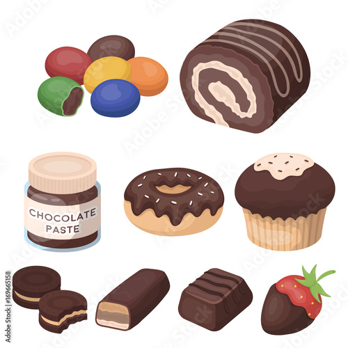 A set of chocolate sweets. Chocolate products for people. Chocolate desserts icon in set collection on cartoon style vector symbol stock illustration.