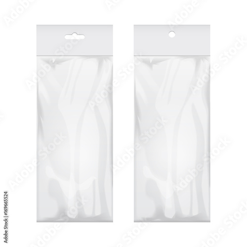 Set of blank transparent plastic bag template. White packaging with hang slot. Mockup Vector illustration photo