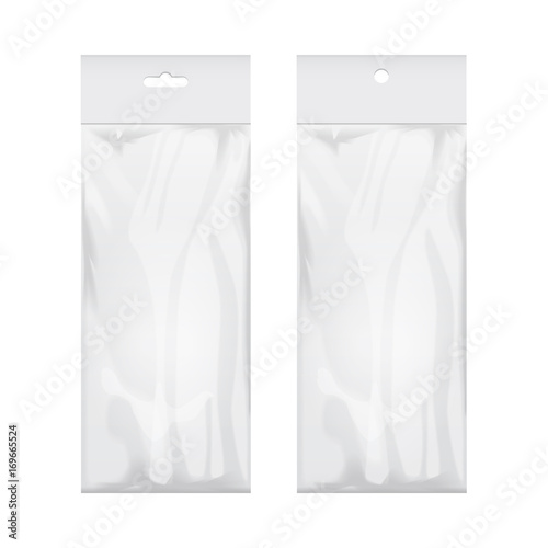 Set of blank transparent plastic bag template. White packaging with hang slot. Mockup Vector illustration