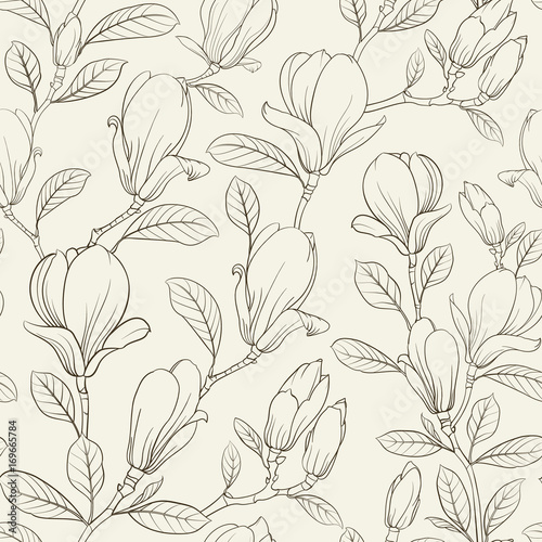 Magnolia blooming flower. Linear style of Magnolia Flower for seamless pattern. Line illustration on a gray background. Vector illustration.