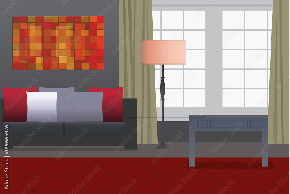 Naklejka premium Office interior of a house with large windows and a sofa