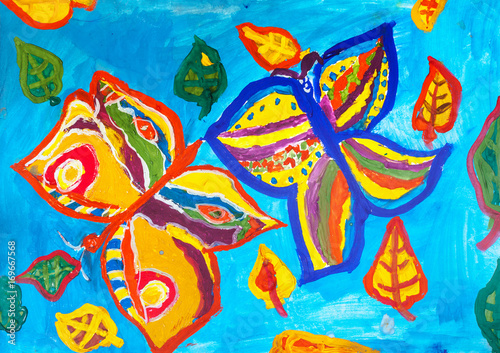 Children s drawing. Two colorful butterflies on blue background