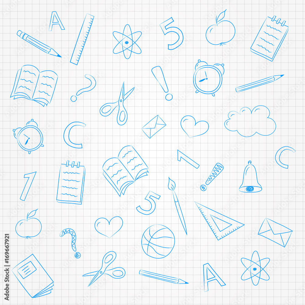 Concept of school background with doodles on checked paper. Vector.