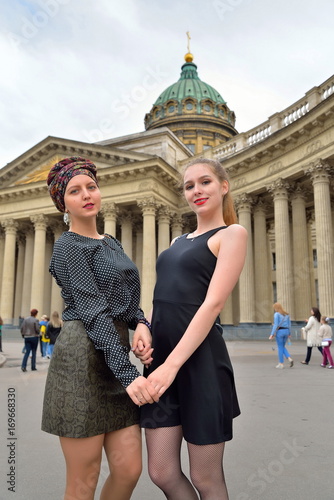 Friend of the student standing in front of the Kazan Cathedral