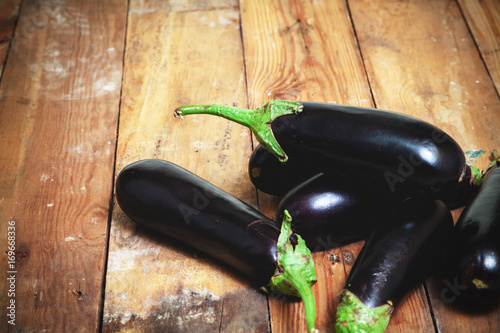 Several ripe eggplant lay on boards