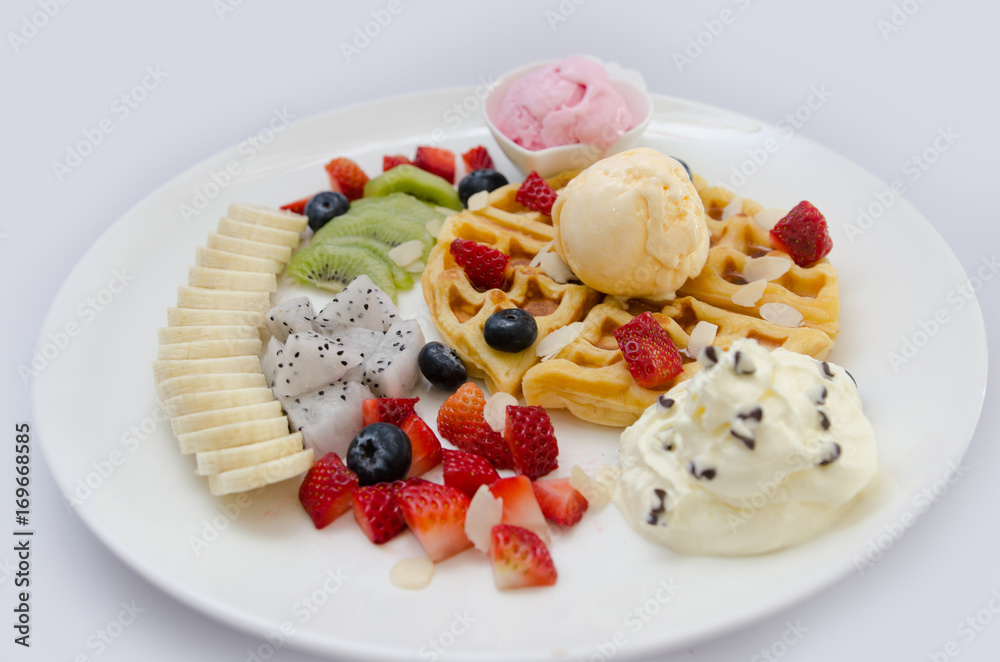 Waffles with fruit and ice cream Waffles with fruit and ice cream