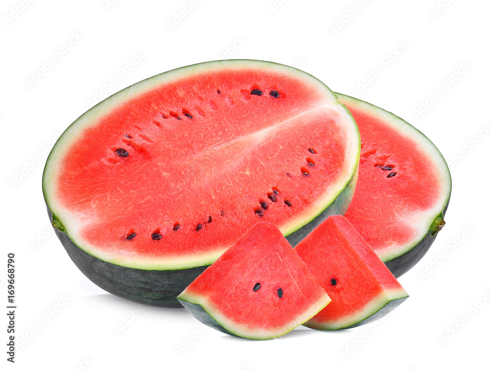 half and slice of fresh watermelon isolated on white background half and slice of fresh watermelon isolated on white background
