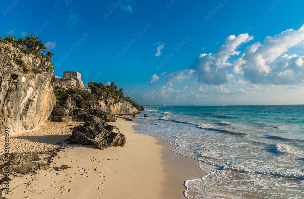 White sand beach and ruins of Tulum, Yucatan, Mexico