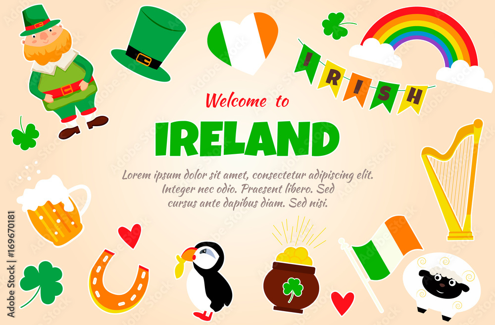 Trip to Ireland or Dublin. Set of illustrations of Irish drinks, costumes, traditional symbols, musical instruments, nature, symbols.