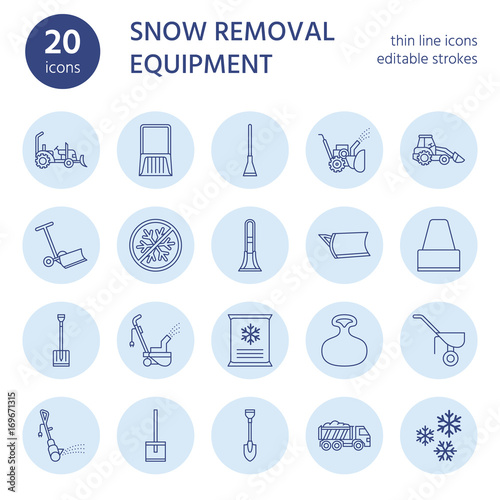 Snow removal flat line icons. Ice relocation service signs. Cold weather equipment - snow thrower, blower, truck, front loader, snow shovel. Vector illustration, industrial cleaning symbols.