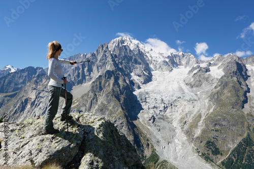 Hiker woman in front of Mont Blanc