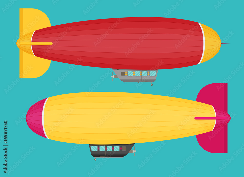 Fototapeta premium Zeppelin airship set dirigible balloon flight, flat design