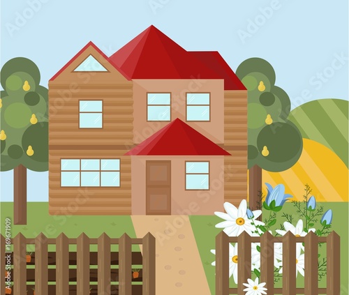 Wood house farm landscape. Vector facade flat style
