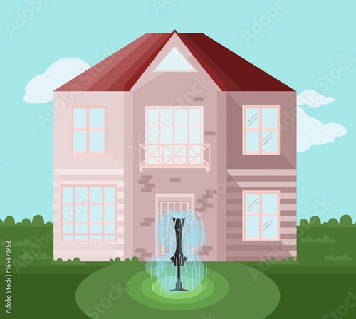 Modern architecture facade building with fountaine garden and vector illustra...