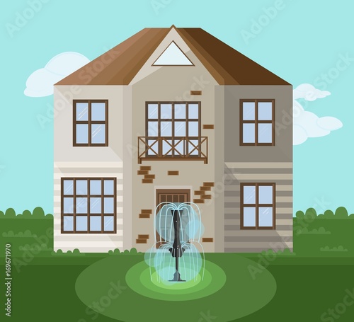 Modern architecture facade building with fountaine garden and vector illustra...