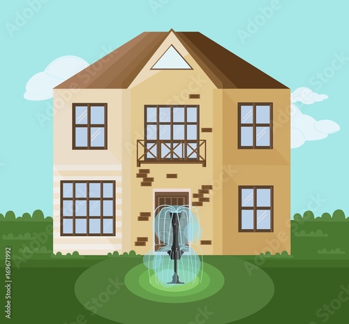 Modern architecture facade building with fountaine garden and vector illustra...