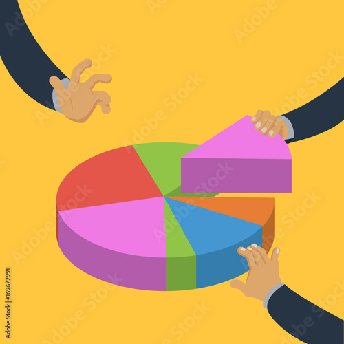 Hands taking pieces of pie chart isometric vector