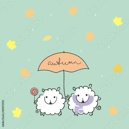 sheep under an umbrella with a handwritten inscription "autumn". with rain and maple leaves. Autumn illustration