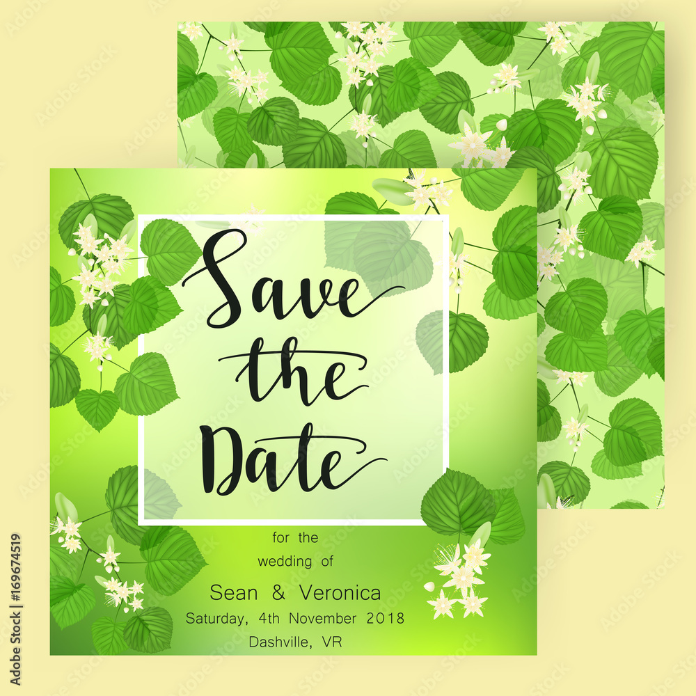 Save the date card, wedding invitation, greeting card with beautiful flowers, green leaves of linden and letters