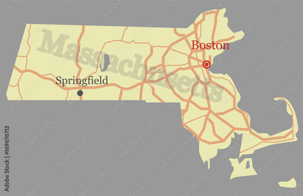Massachusetts vector State Map with Community Assistance and Activates Icons Original pastel Illustration isolated on gray background.