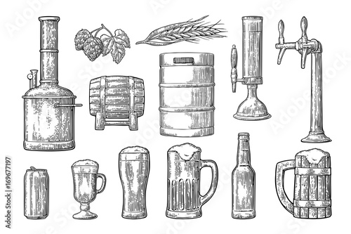 Beer set with tap, class, can, bottle and tanks from brewery factory. photo