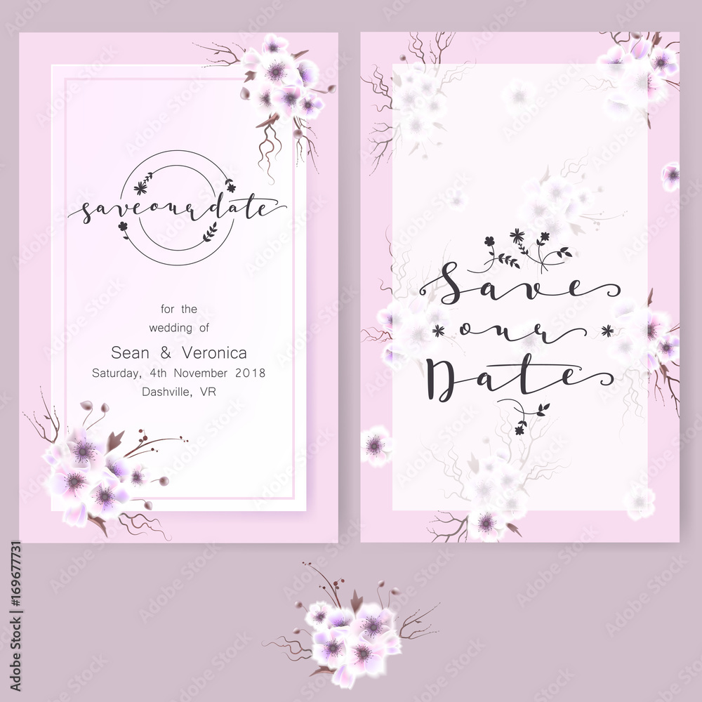 Fototapeta Zapisz kartę daty, zaproszenie na ślub, kartkę z życzeniami z pięknymi kwiatami i literami