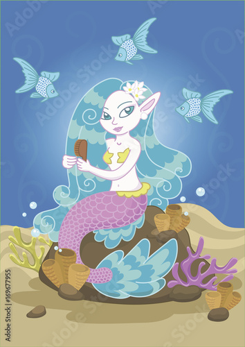 Vector drawing of a mermaid with blue hair that is mending on the stone and combing her hair