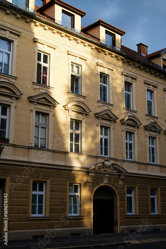 Evening sunlight on the facade of building in Ljubljana.