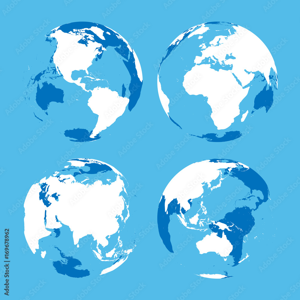 Set of transparent Earth globes with blue and white land silhouette map. Vector illustration.