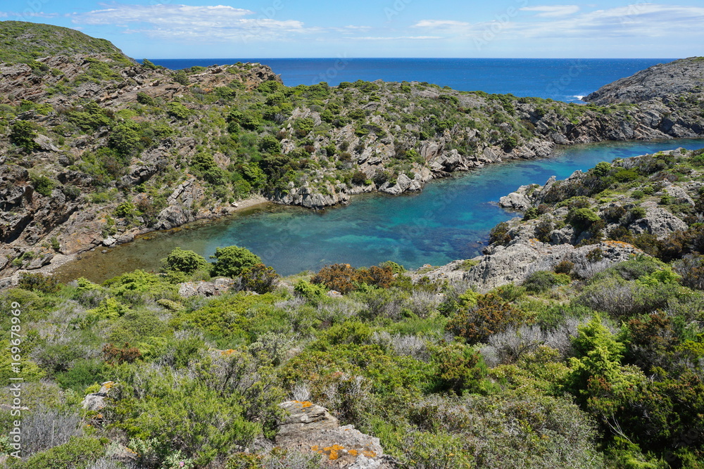 Spain coastal landscape small cove with clear water, Mediterranean sea, Cala Bona in the Cap de Creus natural park, Costa Brava, Cadaques, Catalonia