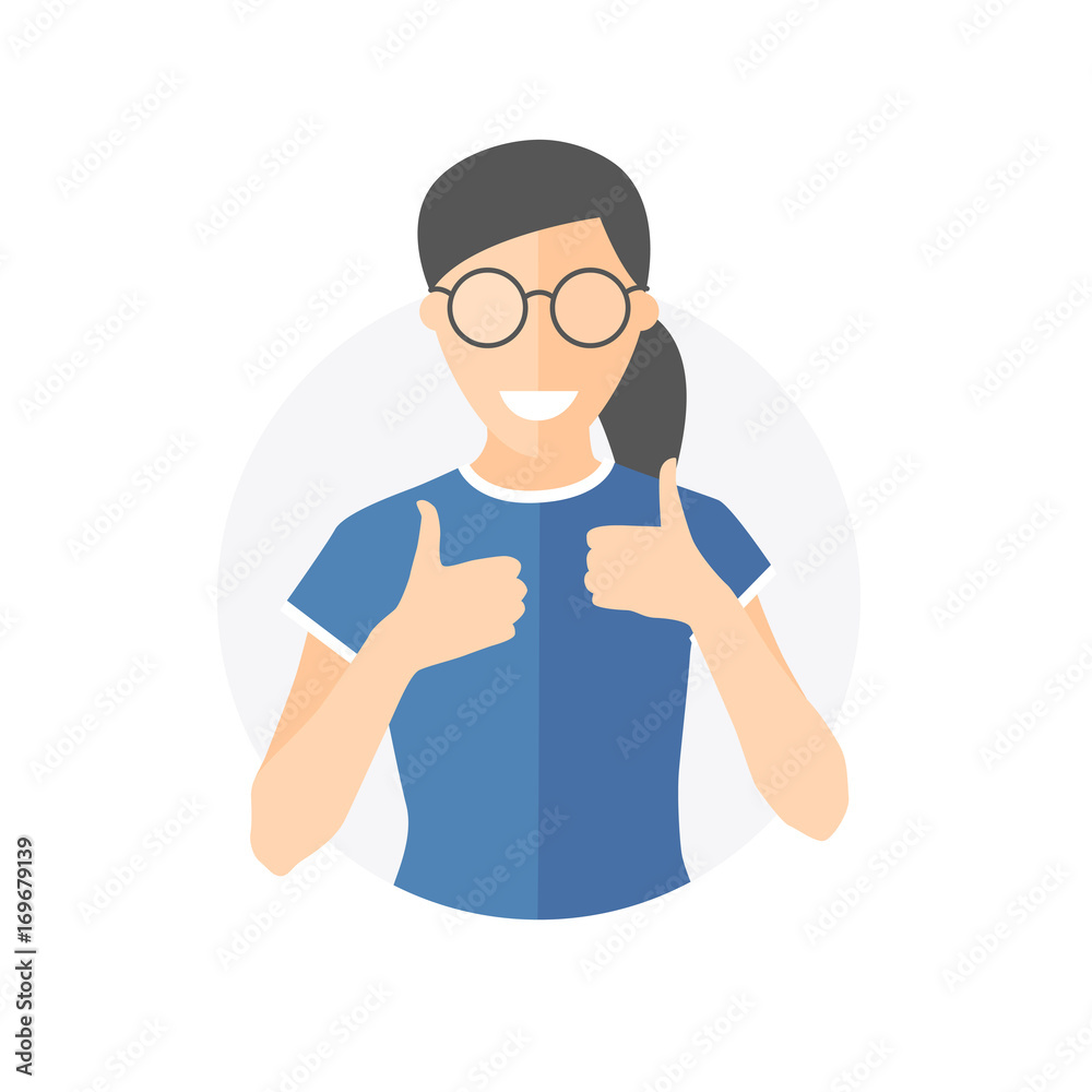 Glad, joyful, cheerful pretty girl in glasses. Flat design icon of woman with thumbs up. Simply editable isolated on white vector sign