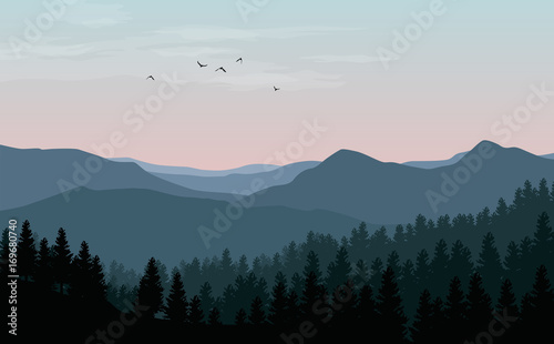Vector landscape with blue silhouettes of mountains, hills and forest with sunset or dawn pink sky