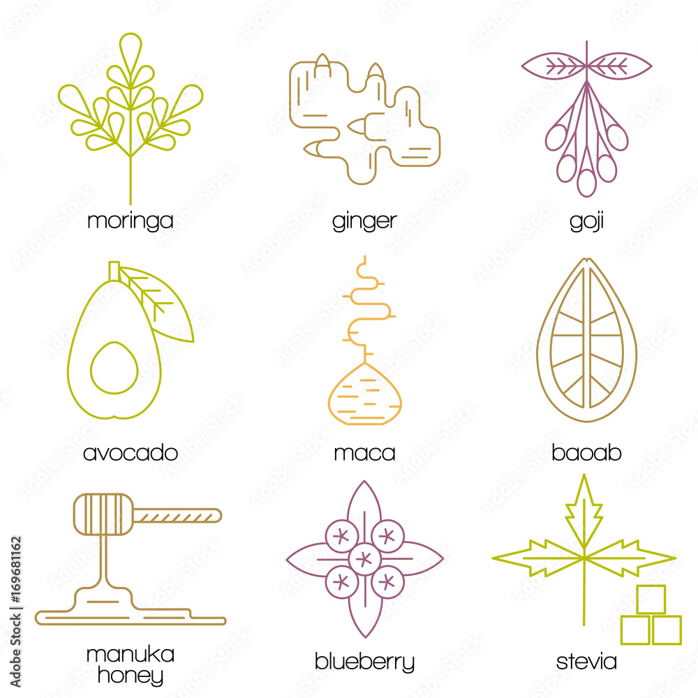 Naklejka premium Superfood color line icons set.