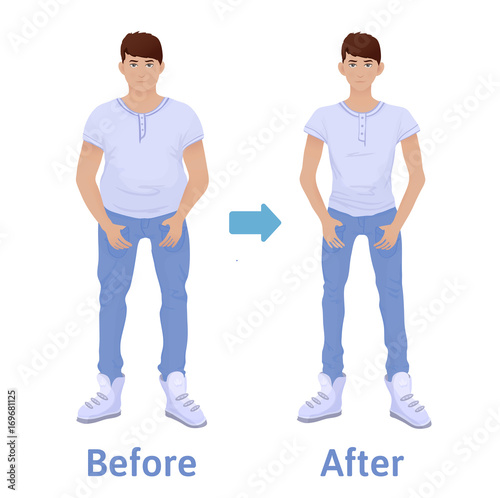 Young man before and after diet and fitness. Weight loss. Fat and thin man, body transformation. Vector illustration, isolated on white background.