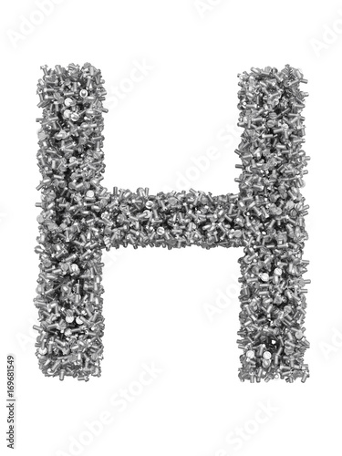 3D render of silver or grey alphabet make from bolts. Big letter H with clipping path. Isolated on white background