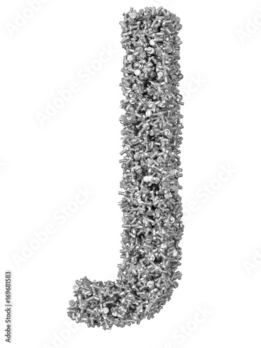 3D render of silver or grey alphabet make from bolts. Big letter J with clipping path. Isolated on white background