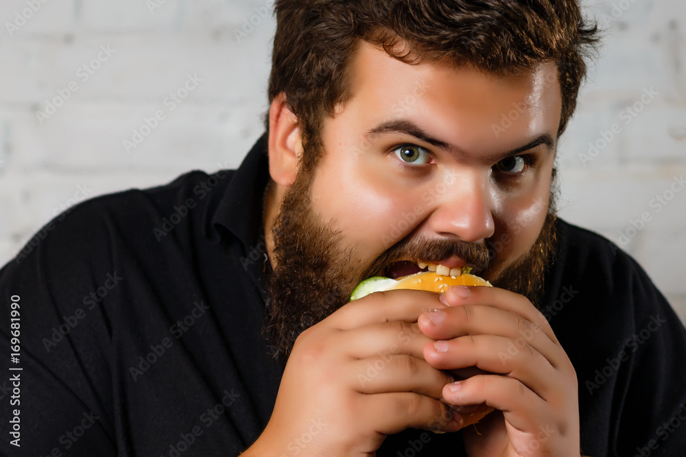 Fat Man Greedily Eating Hamburger, on white background Fat Man Greedily Eating Hamburger, on white background